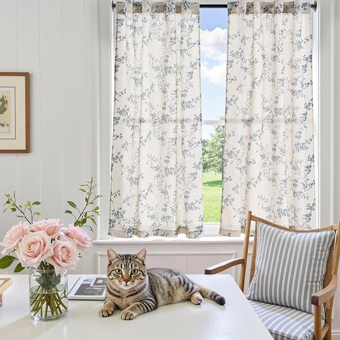 jinchan Floral Kitchen Curtains 54 Inch Linen Tier Curtains Farmhouse Cafe Half - Image 6