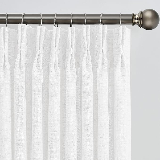 White Linen Pinch Pleated Semi Sheer Curtains 2 Panels 45 Inches Long, Back Tab by RAIN+CITY