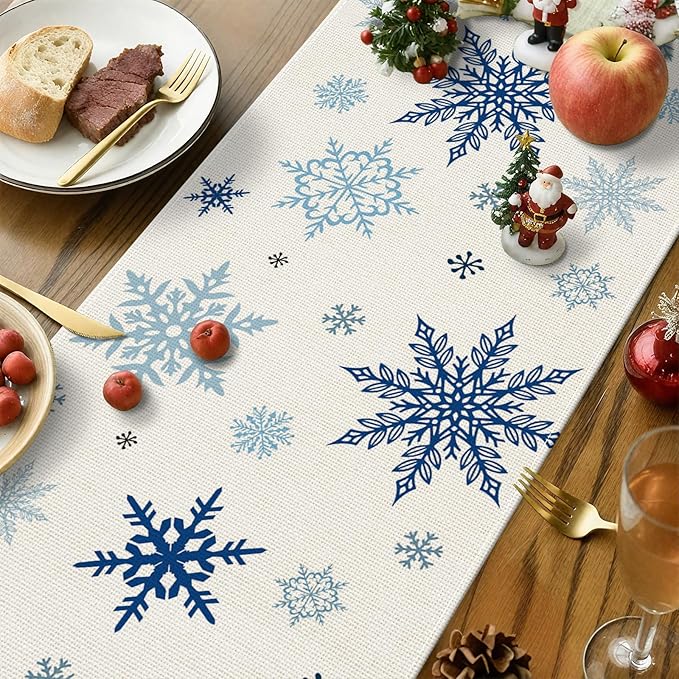 OTOSTAR Snowflakes and Blue Snowman Christmas Table Runner, Xmas Seasonal - Image 3