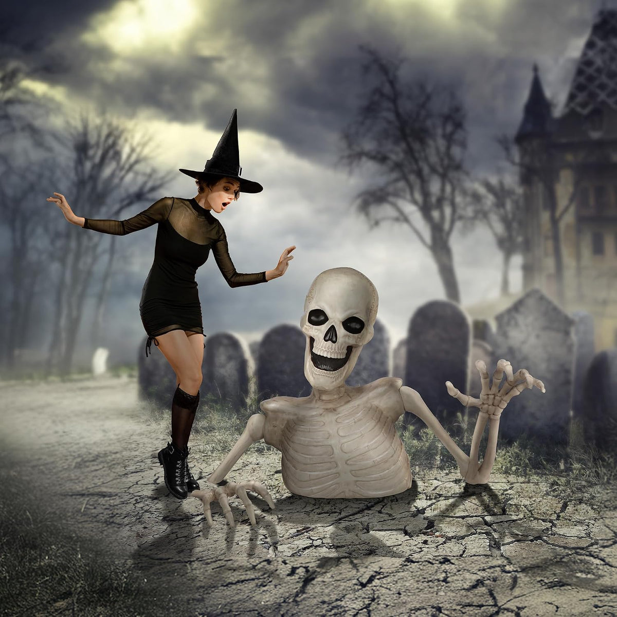 BOO BOX 4 Ft. Halloween Groundbreaker Skeleton, Giant Outdoor Decoration for Yard, Lawn, Porch and Graveyard, Scary Haunted House Display