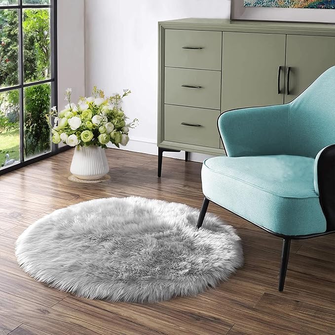 Latepis Grey Area Round Area 5ft Circle Fur Rug by Latepis