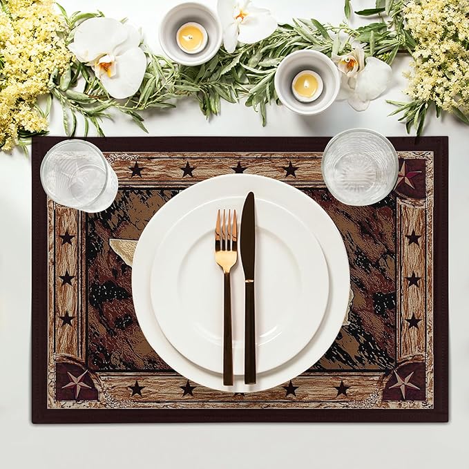 Giwawa Texas Stars Placemats Set of 4, Rustic Western Style Brown Wood Linen - Image 3
