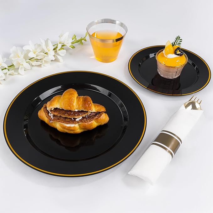 SUT 175 Pcs Black and Gold Plastic Dinnerware Set for 25 Guests, Include: 25 Dinner Plates, 25 Dessert Plates, 25 Pre Rolled Napkins With Silverware, 25 Cups, Disposable Plates for Halloween, Party