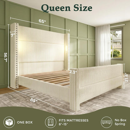 queen bed frame with 56.7" tall wingback headboard shown in use