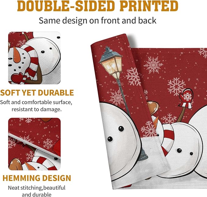 Red Snowman Snowflake Christmas Placemats Set of 4 Seasonal Winter Linen Table - Image 5
