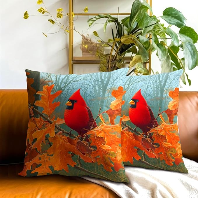 Fall Cardinal Throw Pillow Covers 22x22 Inch Set of 2 Red Bird Maple Leaves - Image 7