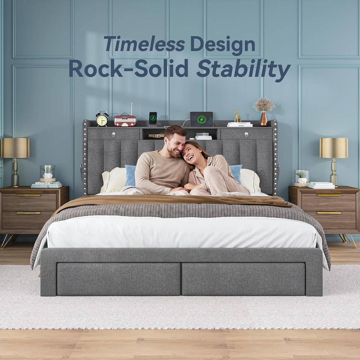 queen bed frame with 2-tier storage headboard and, view 9