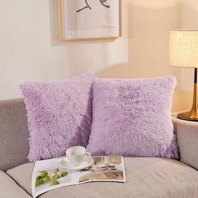 XeGe Faux Fur Lavender Throw Pillow Covers, Shaggy Fluffy Cushion Covers by XeGe