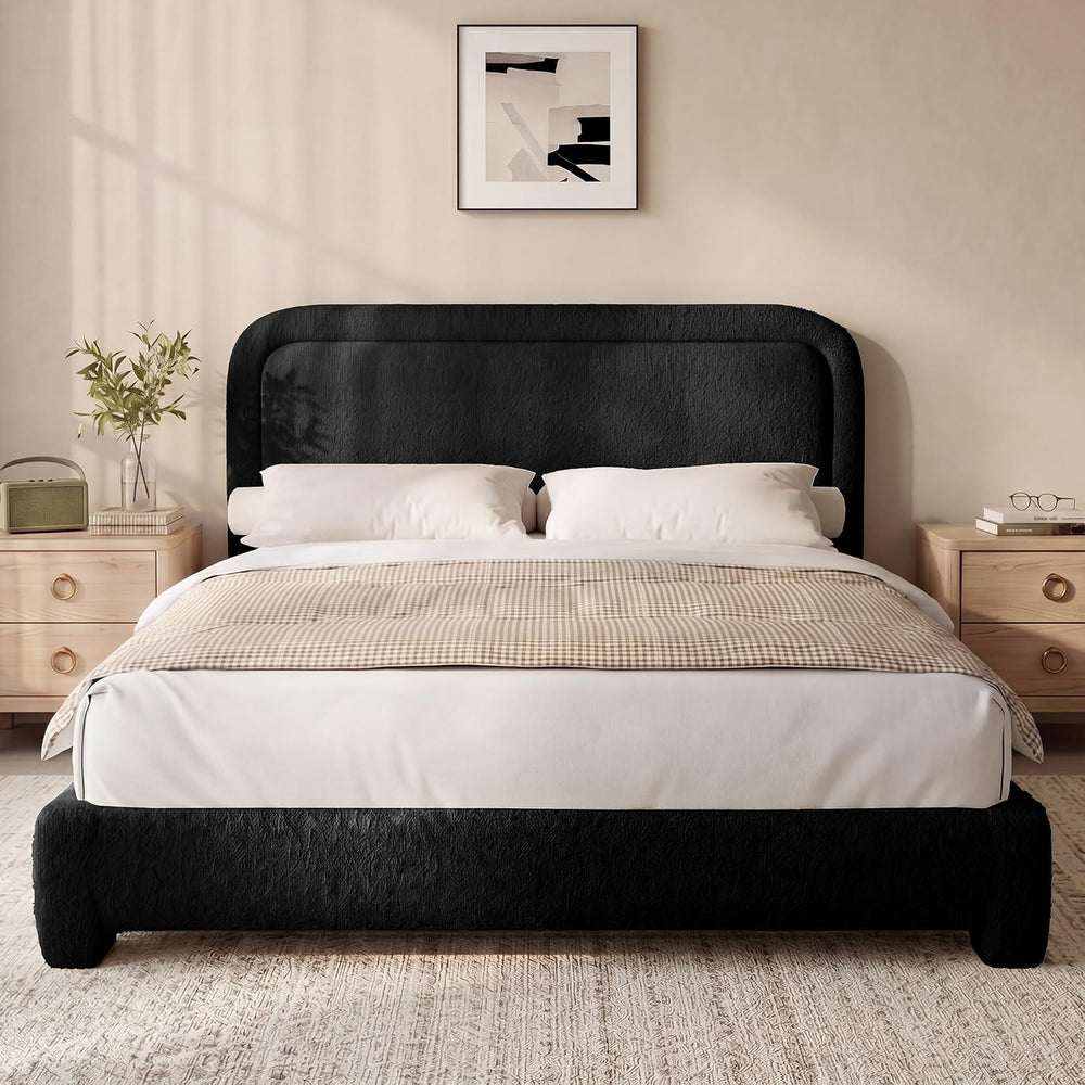 Vipbear Boucle King Size Bed Frame with Adjustable Headboard, Upholstered Clo...