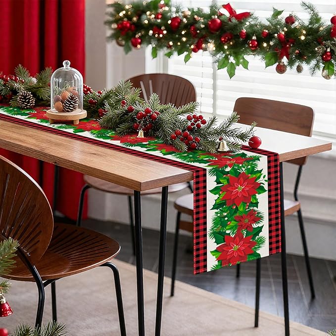 OTOSTAR Black and Red Buffalo Check Plaid Holly Christmas Flowers Table Runner - Image 7