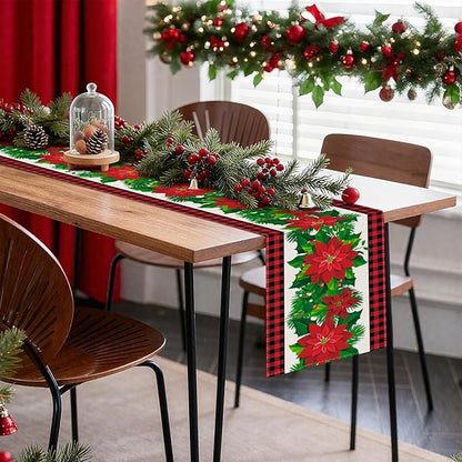 OTOSTAR Black and Red Buffalo Check Plaid Holly Christmas Flowers Table Runner - Image 7