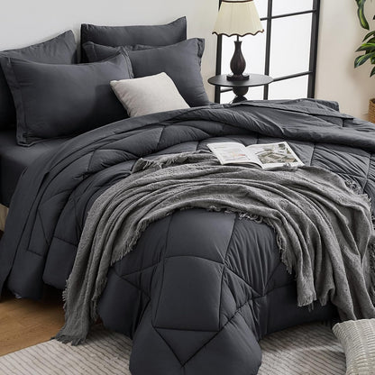 hevumyi 7-piece full comforter set, dark grey bed, main product view