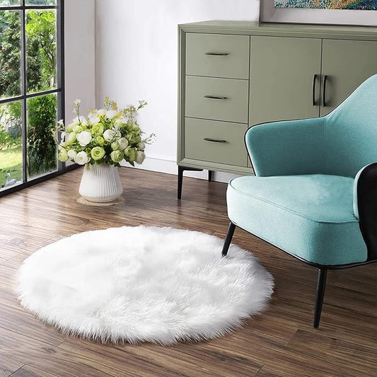 Latepis White Round Rugs 4ft Fuzzy Washable Rug Faux Sheepskin Fur Rug by Latepis