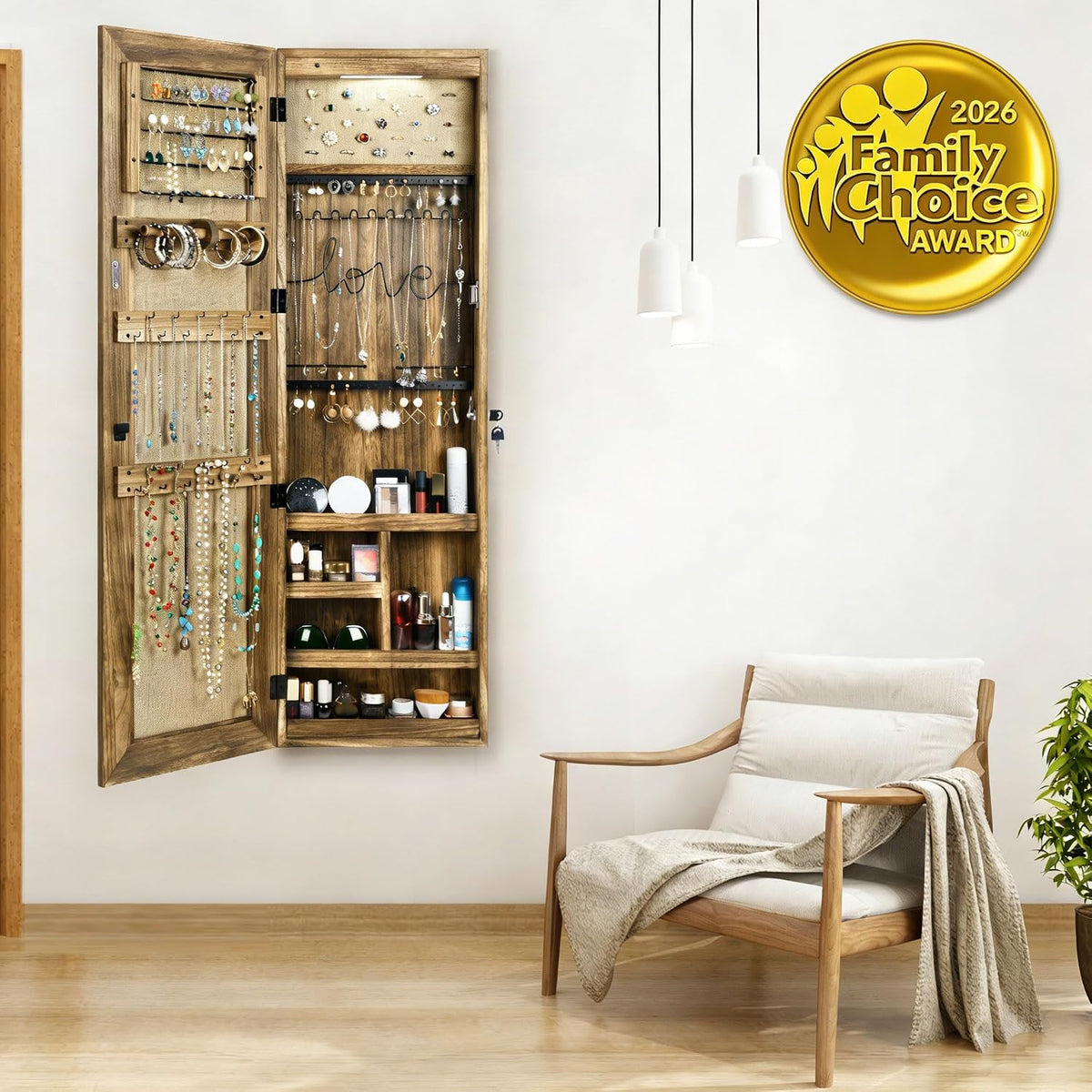 sriwatana jewelry cabinet with mirror, lockable door, carbonized shown in use