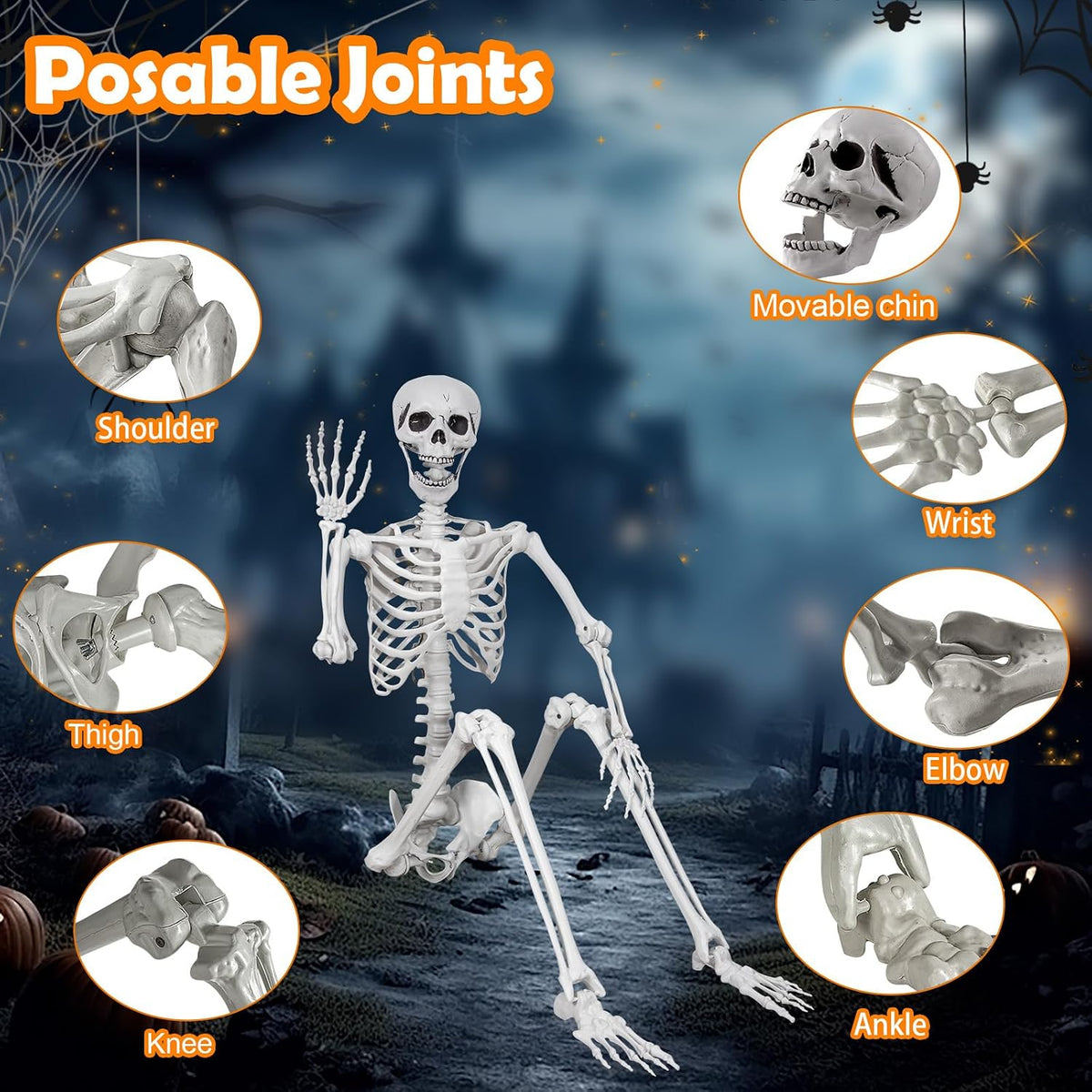 5.9ft/180cm Posable Halloween Skeleton, Life Size Skeleton Bones with Movable Joints for Halloween Graveyard Haunted House Spooky Scene Decor, 1pc