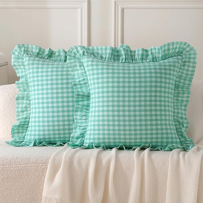 2 Pack Spa Blue White Plaid Ruffle Gingham Throw Pillow Covers, 100% Washed by KMASANIJI