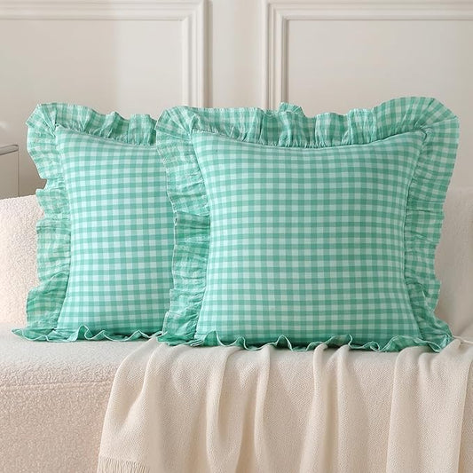 2 Pack Spa Blue White Plaid Ruffle Gingham Throw Pillow Covers, 100% Washed by KMASANIJI