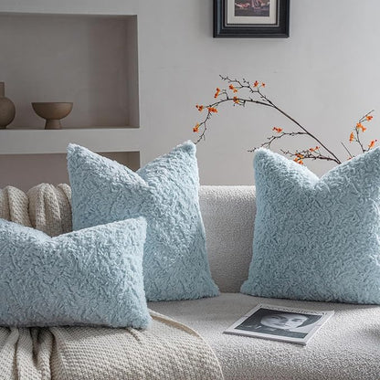Neelvin Set of 2 Faux Fur Throw Pillow Covers 18x18 Inch Blue Cozy Soft Solid - Image 4