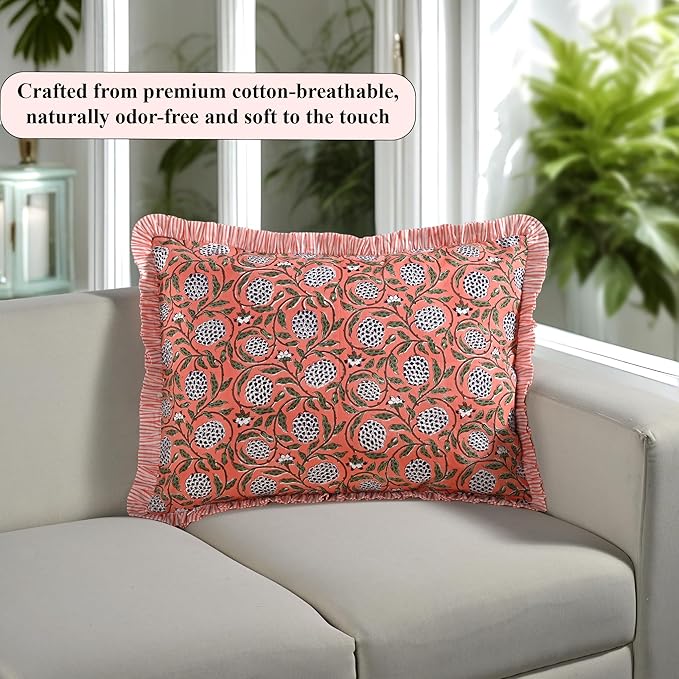 Ridhi Dark Salmon Pink 100% Cotton Block Print Ruffle Bed Sham Cover 20''×26'' - Image 7