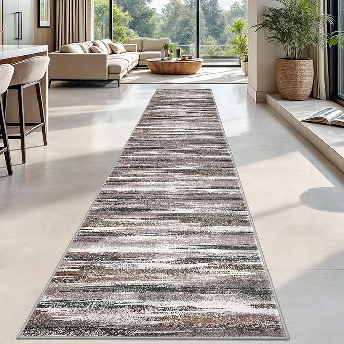 Modern Abstract Runner Rug 2.6x18, Dark Light Brown White Washable Long Kitchen - Image 2