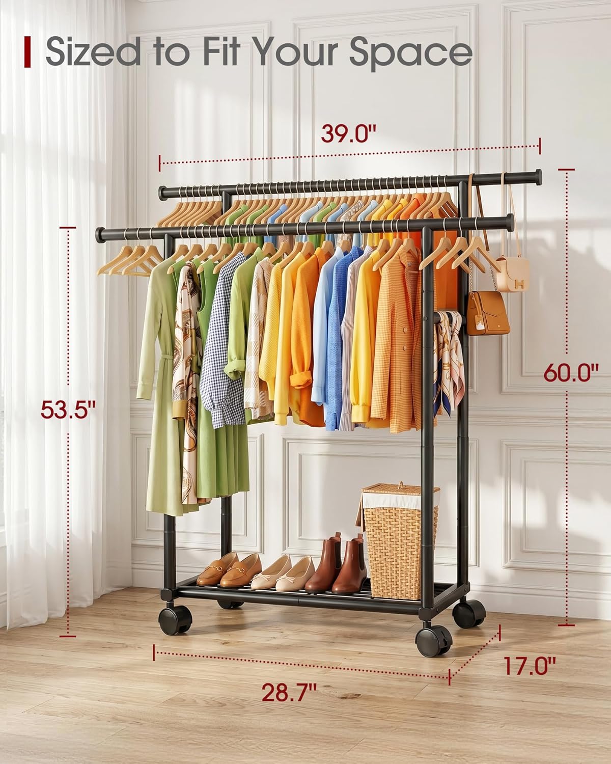 sakugi rolling double rod clothes rack with shelf, side view