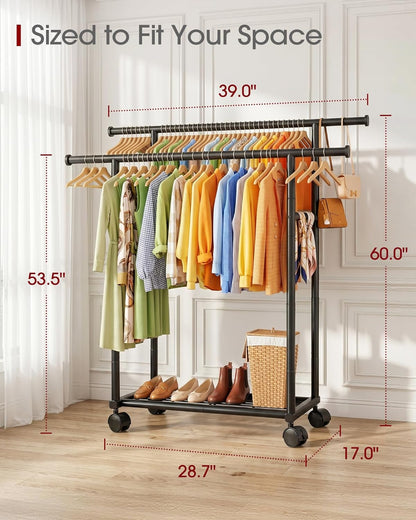sakugi rolling double rod clothes rack with shelf, side view