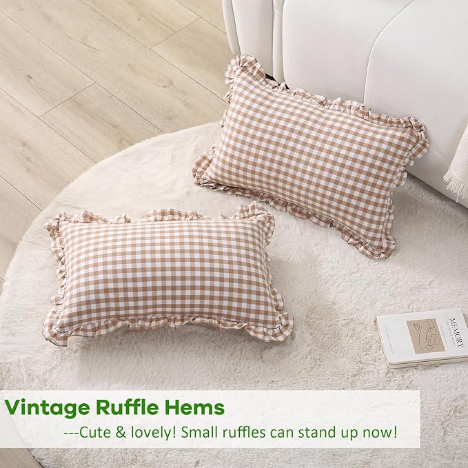 2 Pack Taupe Plaid Ruffle Gingham Lumbar Throw Pillow Shams, 100% Washed Cotton - Image 4