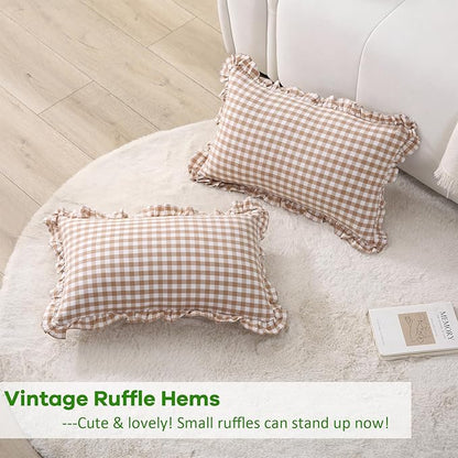 2 Pack Taupe Plaid Ruffle Gingham Lumbar Throw Pillow Shams, 100% Washed Cotton - Image 4