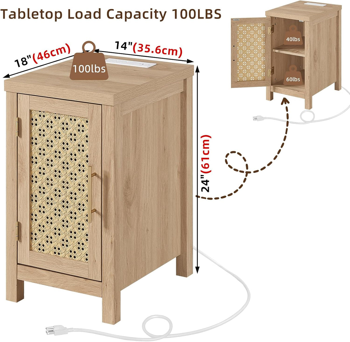 yufam rattan nightstand set of 2 with charging, close-up detail