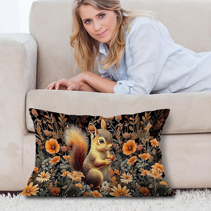Rustic Fall Squirrel Floral Pillow Covers 12x20, Gifts - Image 5