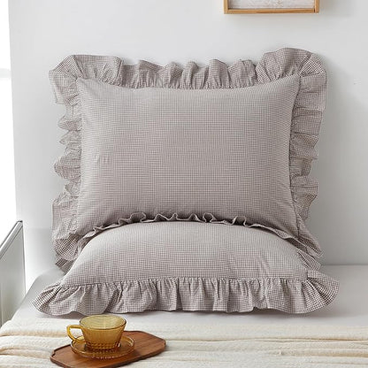 Aryeleay 2 Pack Brown White Plaid Gingham Ruffle Pillow Shams Standard Size - Image 6