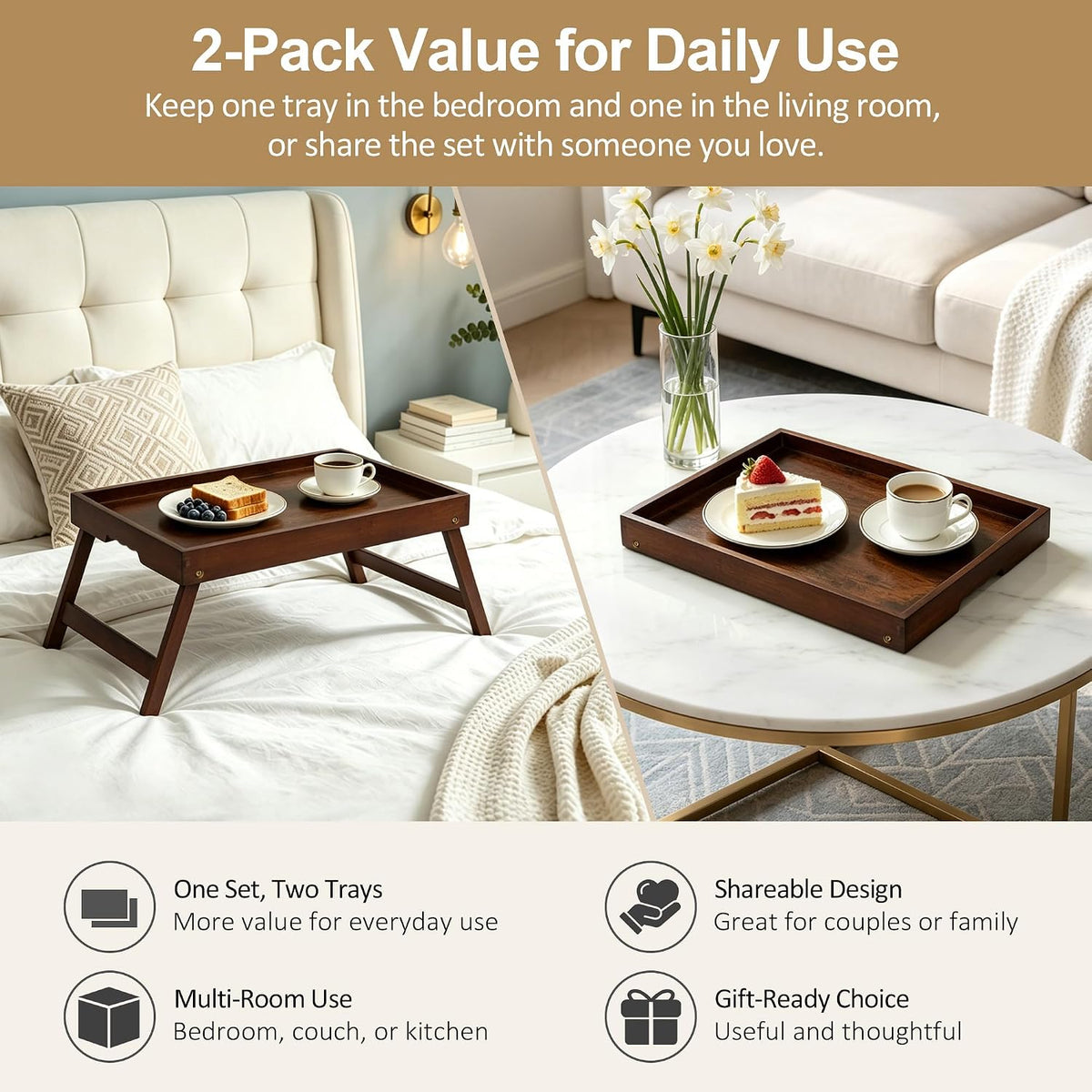 bamboo breakfast trays with folding legs, medium, 2-pack, close-up detail