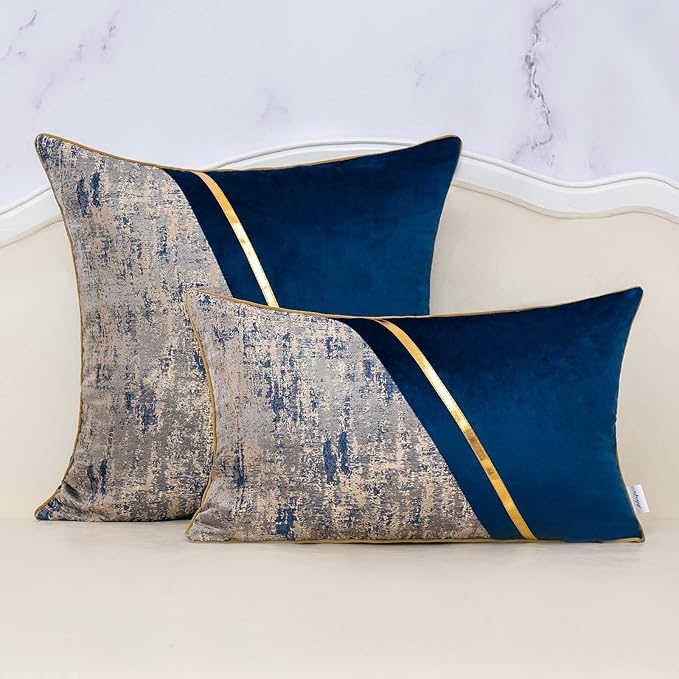 Alerfa 12 x 20 Inch Navy Blue Beige Gold Leather Patchwork Velvet & Polyester - Image 3