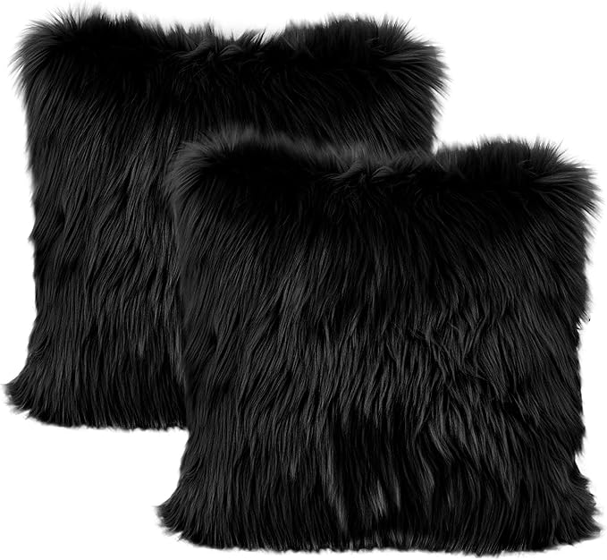 LIGICKY Set of 2 Black Fluffy Pillows Luxury Series Soft Faux Fur Throw Pillow by LIGICKY