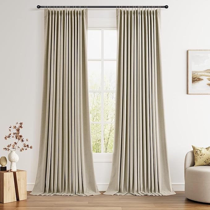 Joywell Pinch Pleat 100% Blackout Linen Curtains 102 Inch 2 Panels Insulated by Joywell