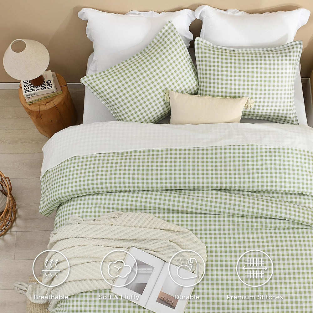 Andency Sage Gingham Comforter Set Full, Green Checkered Grid Plaid Bedding