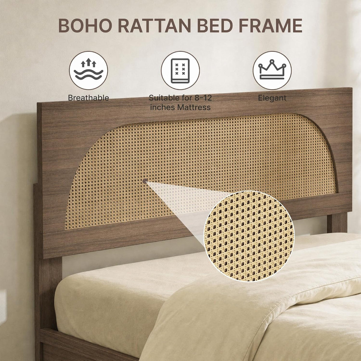 kislot boho rattan bed frame, farmhouse platform, walnut, side view