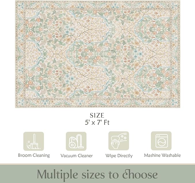 MUJOO Floral 5x7 Area Rugs, Washable Rug - Image 2