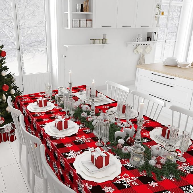 1 Pieces Red and Black Buffalo Plaid Merry Christmas Party Tablecloth - Image 7