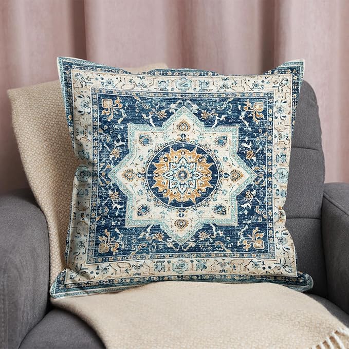 Bohemian Pillow Covers | Vintage Floral & Carpet Design | Double Sided Blue - Image 3