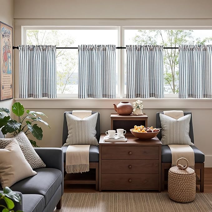 jinchan Striped Linen Kitchen Curtains 24 Inches Length Tier Curtains Farmhouse - Image 3