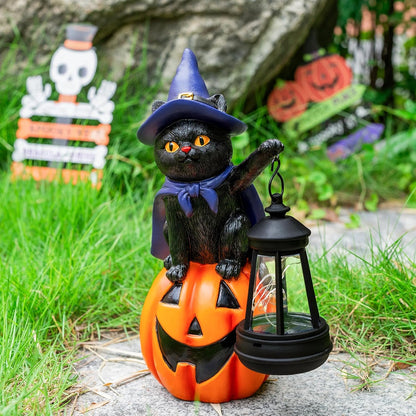 Halloween Black Cat Decor Solar Cat Garden Statues Sit On Pumpkin with LED Lantern Halloween Fall Outdoor Decorations for Porch Patio Yard Lawn Holiday Gardening Gifts for Women