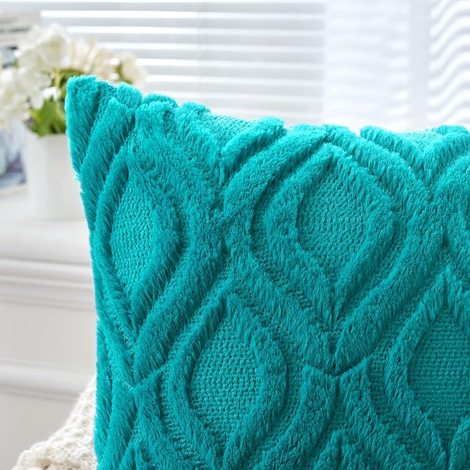 MIULEE Teal Throw Pillow Covers 16x16 Inch, Soft Winter Plush Faux Wool Couch - Image 3