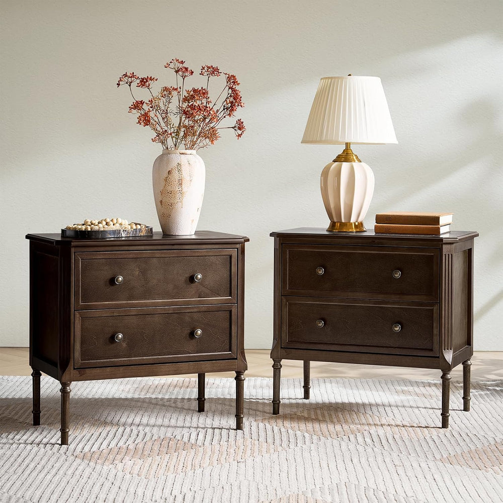 HULALA HOME Solid Wood End Table with Charging Station, Walnut, Set of 2