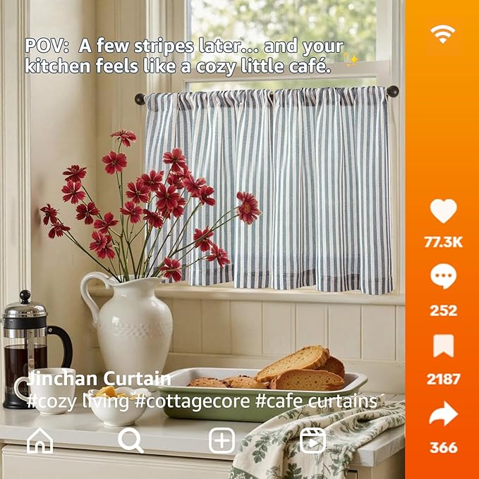 jinchan Striped Linen Kitchen Curtains 20 Inches Length Tier Curtains Farmhouse - Image 3
