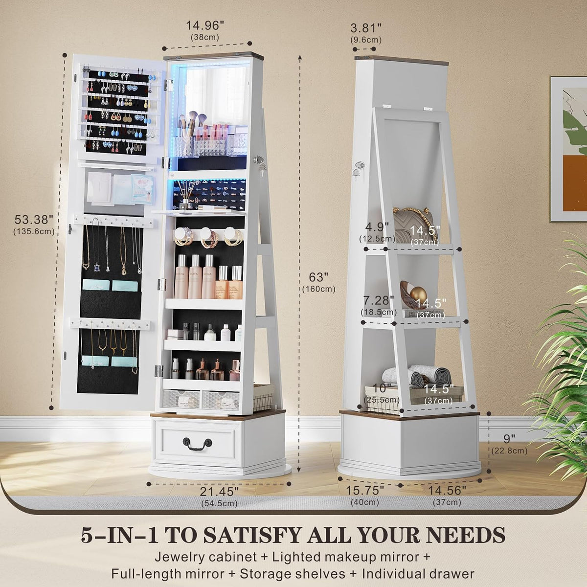 tagelier jewelry cabinet with full length mirror, lockable shown in use