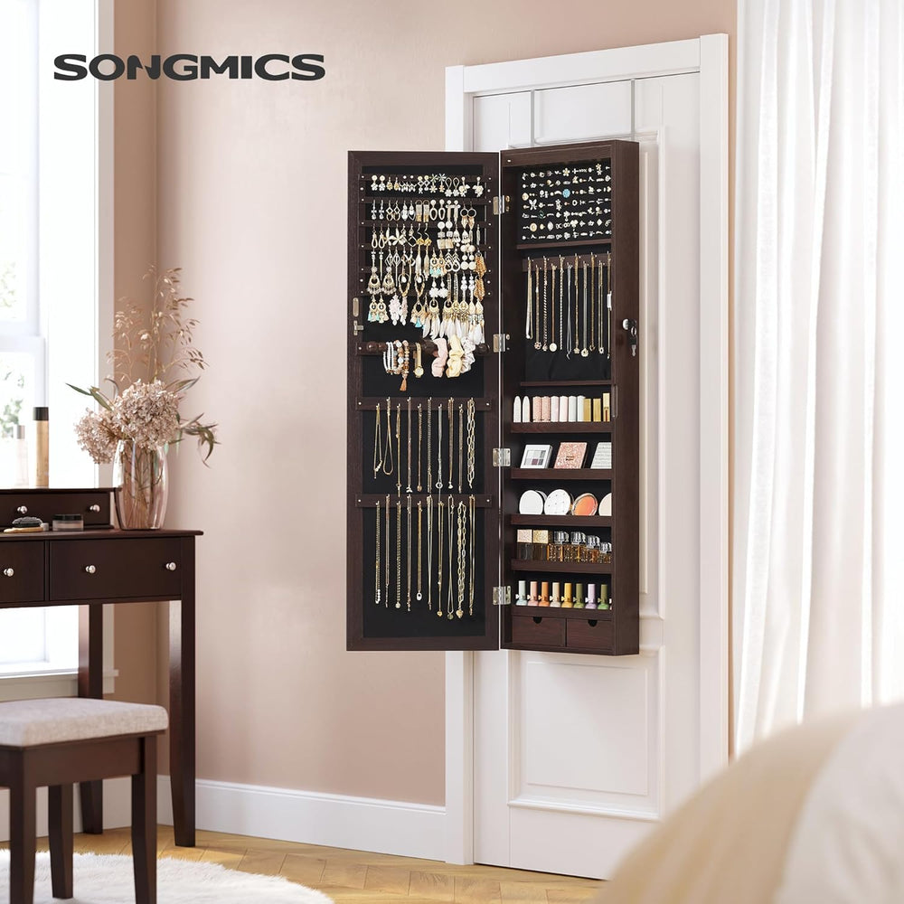 SONGMICS 6 LEDs Mirror Jewelry Cabinet, 47.2-Inch Tall, Lockable