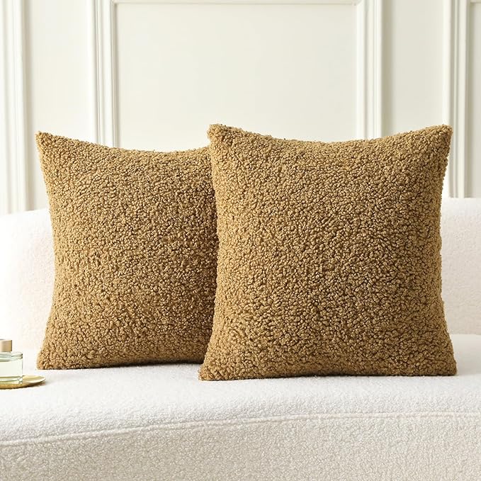 FUTEI Khaki Throw Pillow Covers 26x26 Inch Set of 2, Furry Faux Fur Teddy by FUTEI