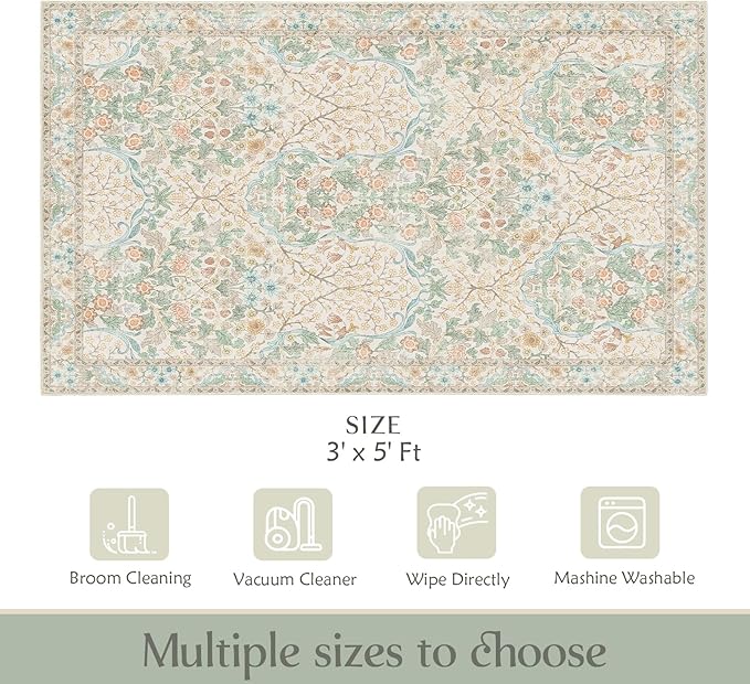 MUJOO 3x5 Rug Washable, Floral Area Rug - Image 2