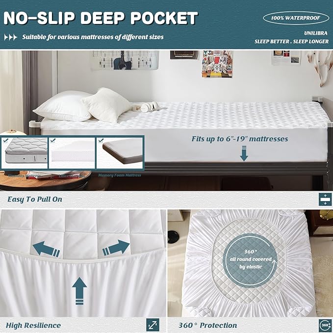 UNILIBRA Twin XL Mattress Cover Waterproof, Deep Pocket Mattress Pad Protector - Image 3